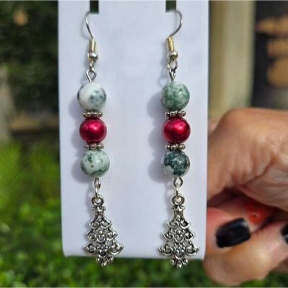 Tree Agate Beaded Christmas Tree Charm Gemstone Festive Earrings - Picture 4 of 7
